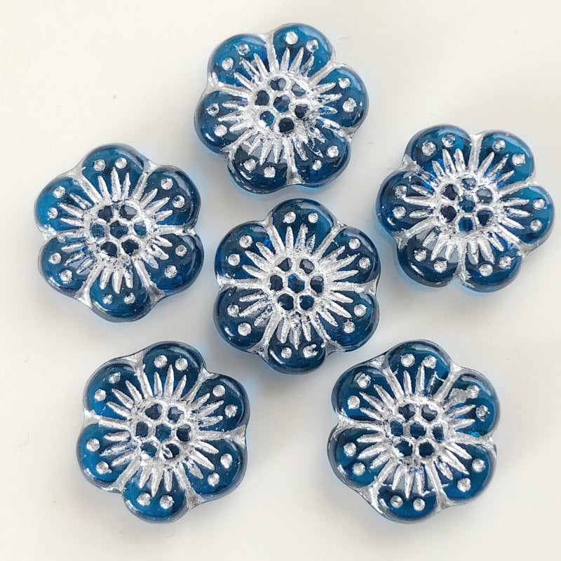 チェコ ビーズ デザイン フラワー 【カプリブルー/シルバー】約14mm 6個 フラワー アネモネ 花 ピアス イヤリング ブレスレット パーツ ハンドメイド 材料 素材