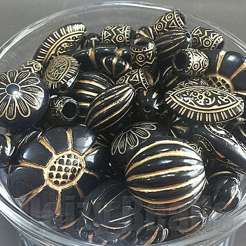 【ワンコイン500円ぽっきり】【たっぷり人気アクリルビーズミックス『ゴールデンブラック』】 約8-24mm 約50g 【福袋】