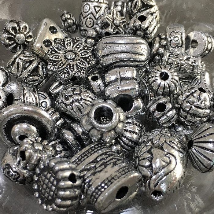 【アクリルビーズ】 シルバーデザインミックス 約3-19mm (約10g)