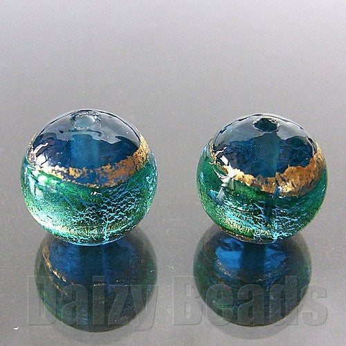 【ベネチアンビーズ】 24ktゴールドフォイル 丸玉 約12mm アクア 1ヶ 【ベネチアン ヴェネチアン ヴェネチアンビーズ】