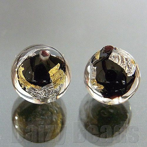 【ベネチアンビーズ】 24ktゴールド 925シルバーフォイル 丸玉 約8mm ブラック 2ヶ 【ベネチアン ヴェネチアン ヴェネチアンビーズ】